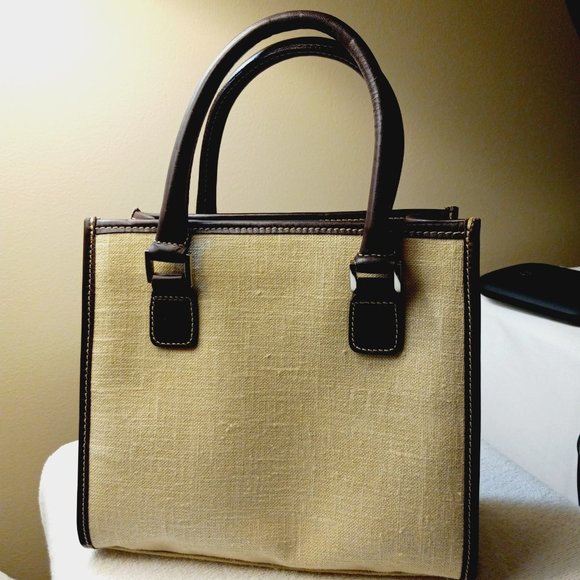 Lauren Ralph Lauren Handbags - LAUREN RALPH LAUREN Jute Linen Handbag Leather Handles & Trim EUC